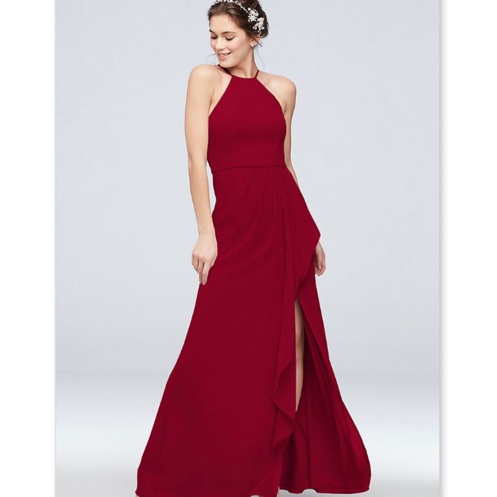 David’s Bridal High Neck Chiffon Bridesmaid Dress in Apple